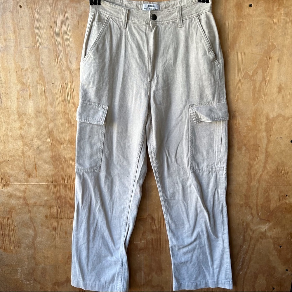 Cotton On High Waist Wide Leg Khaki Cargo Utility Pants Cream Tan
